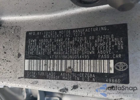 2022 Toyota Camry Xle Awd из США, поврежденный, VIN 4T1F11BK3NU054495